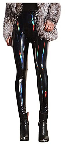 Kunstleder Leggings Damen - High Waist Lange Latex Leggings, Pu Leder Hose, Lackleder Skinny Fit Strumpfhosen, Treggings, Nass Aussehen Glänzend Jeggings Hosen