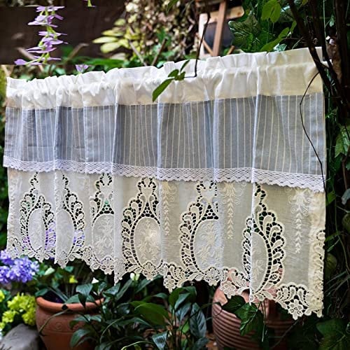 A.Monamour Gardine Scheibengardinen Kurzstores Baumwolle Bauernhaus Mediterraner Stil Blau Gestreifter Stoff Weiße Spitze Stickerei Kurzgardinen Küchengardine Küche Fenster Kurz Vorhang Bistrogardine