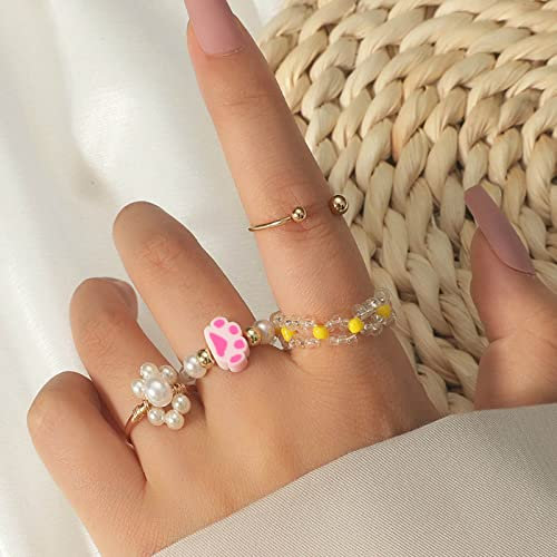 Inateannal Boho Handgewebte Pfote Blume Perle Ringe Geflochtene Perle Band Ringe 4 Stück Einstellbar Stapelbar Daumen Offen Ringe Set Für Frauen Und Mädchen