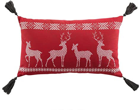 Arinosa Dekokissen Kissen Hirsch Landhaus Rot Stickdruck Pompons 30x50 cm gefüllt