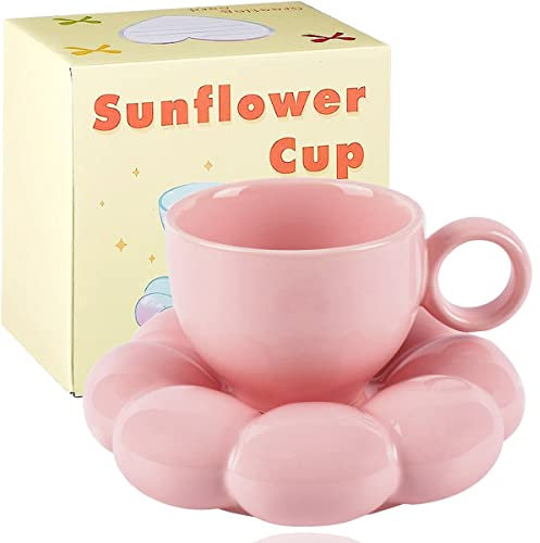 Artuxer Tasse à café en céramique en forme de nuage avec dessous de verre en forme de tournesol - 200 ml - Pour café, thé, latte, lait (rose)
