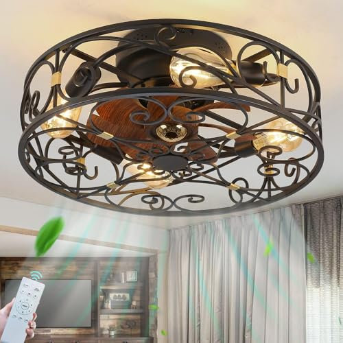 KZT Retro Ventilador de Techo con Luz Silencioso E27 Lámpara de Techo con Ventilador e Control Remoto Plafón con Ventilador Jaula de Metal, 6 velocidad del viento, para Salon Comedor Cocina