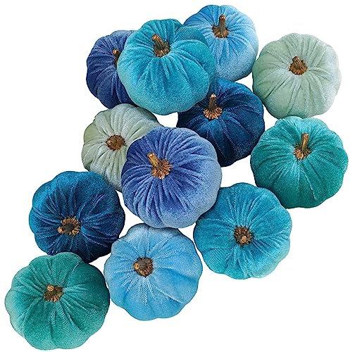 Winlyn Kürbisse aus Kunstsamt, 12 Stück, sortiert, klein, dekorativ, blaugrün, türkis, Stoff, Kürbisse, 7.6 cm, für Bauernhaus, Herbst, Hochzeit, Halloween, Tischdekoration, Kamindekoration