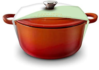 Silk Route Home Orange Cast Iron Casserole Dish Enamelled with Lid - 3 Litre Capacity (3L / 101 FL.OZ)