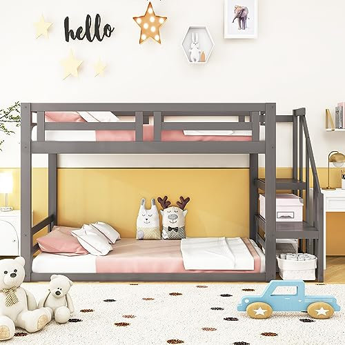 Kinderbett Etagenbett 90x200, Hochbett mit Treppe, Stockbett, Spielbett, Jugendbett, Etagenbettgestell mit Lattenrost, ohne Matratze, Grau