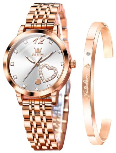 OLEVS Damenuhr Geschenke Set mit Diamant Herzform Armband Roségold für Damen Weiblich Weiße Gesicht Wasserdicht Analoge Quarz-Armbanduhren