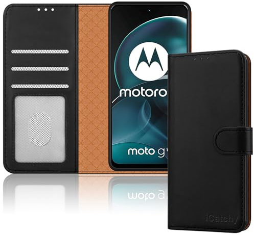 iCatchy for Motorola Moto G14 Case Leather Wallet Book Flip Folio Stand View Magnetic Protect RFID Blocking Shockproof Cover compatible with Motorola G14 Phone Case (Black)
