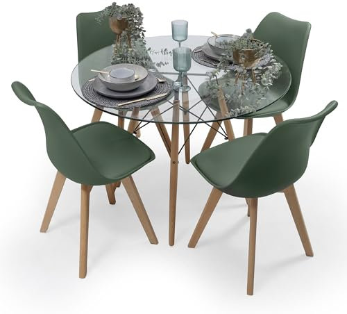Homely - Conjunto de Comedor Tower 100 Day Cristal Mesa de Cristal Redonda de 100 cm y 4 sillas Day (Verde Oscuro)