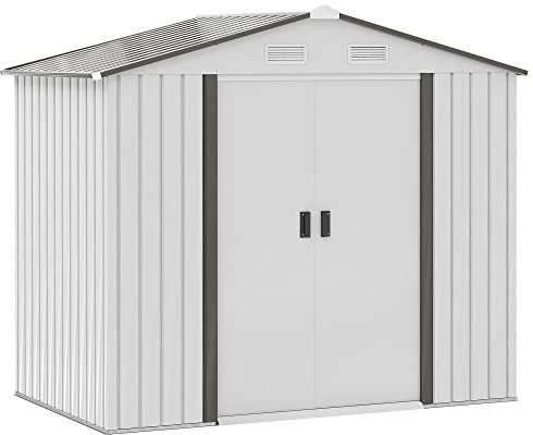 DecHome - Casetta da Giardino Capanno da Giardino in Lamiera di Acciaio con Porte Scorrevoli 213x130x185 cm colore Bianco