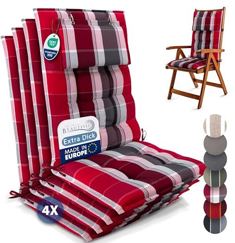Beautissu 4er Set Premium Hochlehner Auflage Kopfpolster 120x50cm Sun-HL – 8cm Dick Polster Gartenstuhlauflage rutschfest Befestigungsbänder UV-Lichtechtheit 5 – Robust Stoff Rot Anthrazit Gestreift