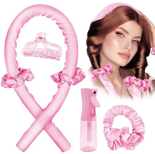 Lockenwickler, Heatless Curls Band für traumhafte Locken über Nacht, Heatless Hair Curler mit der Sprayflasche Haarspange, Curling Rod Stirnband für Langes Haar, Geschenk für Mädchen und Frauen- pink