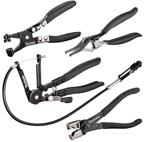 Toolwiz 4 Pezzi Pinza per Fascette Stringitubo, Radiatore Molla Pinze per Fascette Auto, Strumento di Serraggio per Tubo Include Lunga da 68,6cm, Smontatore, Clic-R, e Banda Piatta Attrezzi Officina