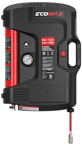 ECOMAX Compressore d'aria portatile, compressore da parete con tubo dell'aria da 9,2 m, mini serbatoio a pressione massima 125 PSI 1,5 Hp, ciclo di lunga durata senza olio, per officina, garage e casa