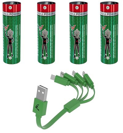 W onder Full Energy - Batterie AA / LR06, ricaricabili tramite USB-C - Cavo USB-C incluso, lunga durata, 1,5 V, 2200 mWh, 1300 mAh, confezione da 4 batterie