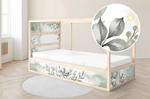 Unik Nordic Aufkleber für IKEA KURA Hochbett, Eukalyptus Aquarell 5-Sticker-Set Oben, Bettaufkleber, Sticker für Kinderbett, Möbelfolie fürs Kinderzimmer, Bettfolie für Kinder