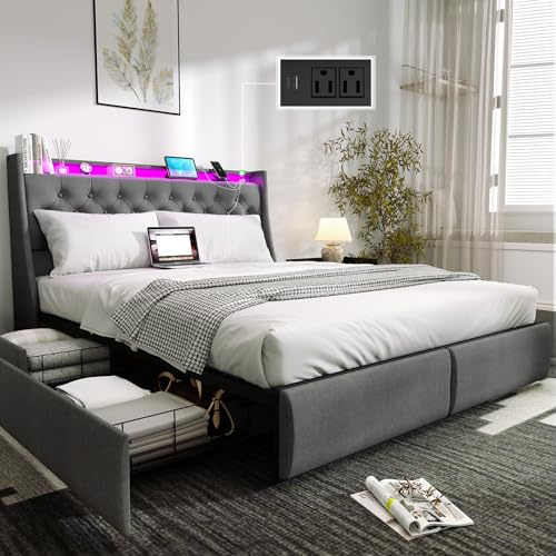 Upholstered Queen Size Bed Frame with 4 Storage Drawers and LED Lights