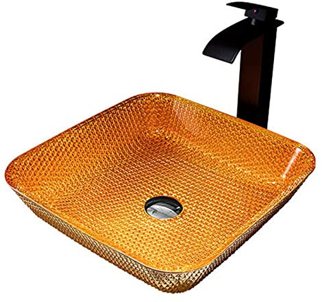 sjdoPulse Bathroom Countertop Washbasin with Pop-up Drain, Modern Tempered Glass Square Washbasin (B Small)