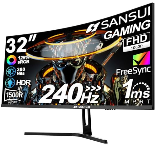 SANSUI Monitor da gioco curvo da 32 pollici 240Hz ad alta velocità di aggiornamento, monitor per PC da gioco FHD 1080P HDMI 2.1 × 2, DP 1.4 × 2, curvo 1500R, 1 ms (OD), HDR, compatibile VESA