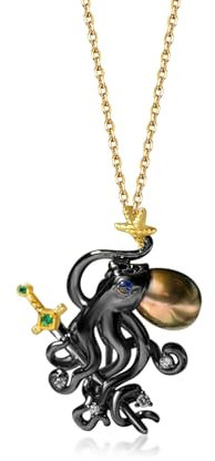 Hipearl Cthulhu Perlenkette für Männer und Frauen, schwarzer Oktopus mit Schwert, 10 mm, Süßwasserperlenanhänger, Punk-Halskette, Gothic-Tierform, Schmuck, Unisex, 45,7 cm mit Verlängerung, 45,7 cm,