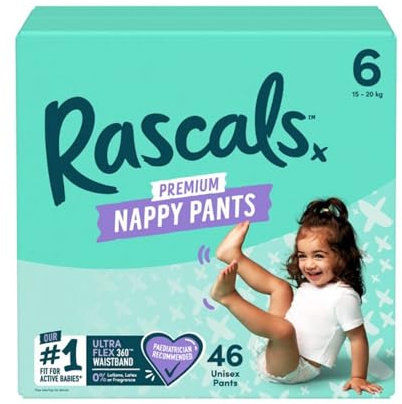 Rascals Premium Trainings-Baby-Windelhose – einfaches Pull-Up-Design, weiche und bequeme Windelhose, Größe 6, Ultra Flex 360 Bund, 15–20 kg, 46 Stück
