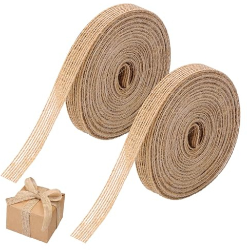 Jute Ribbon - 2 Rolls Hessian Burlap Band, 1cm Wide, 20m Long for Decorating Presents, Vintage Wedding, Christmas, Crafting (Brown)