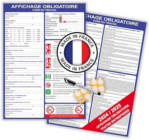 Panneaux affichage obligatoire entreprise code du travail nouvelle version 2025 - Affichage réglementaire entreprise plastifié A3 (x2) effaçable + stylo + pastilles collantes (CDTA3x2)