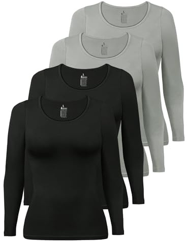 ALPIDEX Womens Long Sleeve Tops 4 Pack Basic Cotton T Shirt Ladies XS-XXL | 180 g/m², Round Neck, Plain, OEKO-TEX, Elastane, Stretch, Soft, Layering, Casual, Everyday, Office, Machine Washable