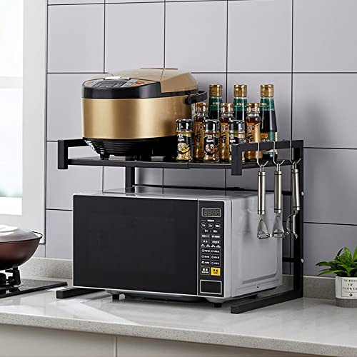 Kedia Verstellbares Mikrowellenregal, Erweiterbares Küchen Mikrowelle Ständer Regal, Mikrowellenhalter aus Kohlenstoffstahl, Küchenaufbewahrung Organizer mit Haken (42 * 36.5 * 40-65cm schwarz)
