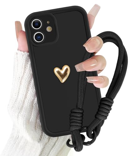 Kueqeay Coques pour iPhone 11 6,1'' avec Cordon de Bracelet, Étui Silicone Aesthetic Summer Amour 3D Motif Fille Dessin, Telephone Universelle Protection Housse avec Lanyard Cover Case, Noir