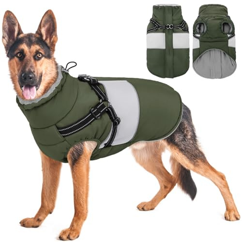 AOFITEE Hundemantel Winter, Wasserdicht Warme Hundejacke Wintermantel für Große Hunde, Reflektierend Hunde Wintermäntel mit Geschirr, Reißverschluss, Warme Outdoor Hundebekleidung für Kaltes Wetter