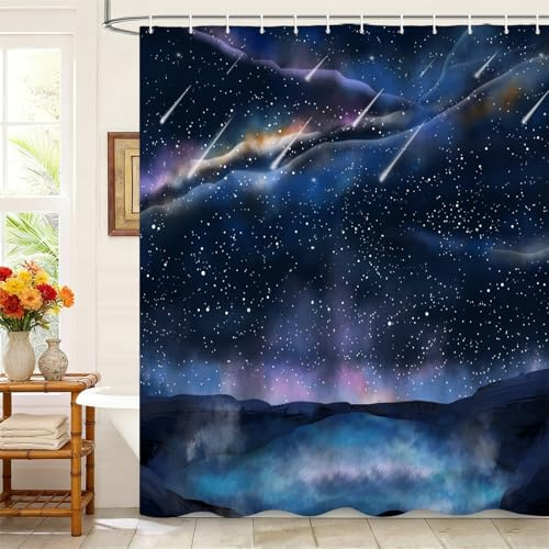 Kzzfqxb Rideaux de Douche 152x183cm avec Crochets Plastique, pluies de météores dans Un Ciel Bleu Violet foncé, étanche Tissu Polyester pour Baignoire, Peinture de la Nature décor pour Salle de Bain