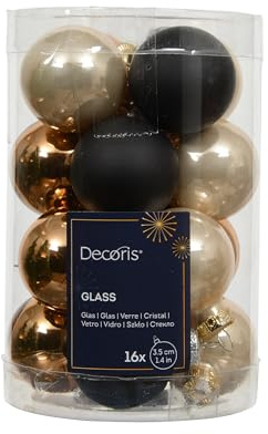 DomoDomo Christbaumkugeln aus Glas, Gold-Schwarz, Ø 3,5 cm, 16er Set | Weihnachtskugeln – Christbaumschmuck für Tannenbaum, Adventskranz und Gestecke – Weihnachtsdeko