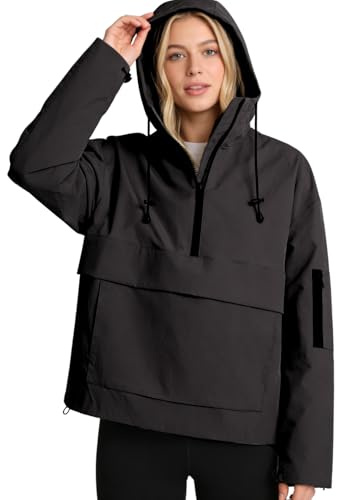 PUFFIT Regenjacke Damen Wasserdicht, Kapuzenpullover mit Großer Brusttasche | Oversized leichte atmungsaktive Windbreaker Anorak Jacke für Frauen, wasserdichte Reißverschlüsse, Alltag, Wandern & Outdoor