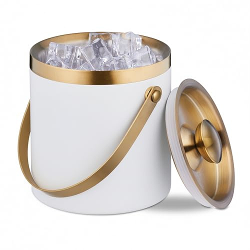 Relaxdays Eiswürfelbehälter, Edelstahl, doppelwandig, Eiseimer mit Deckel & Henkel, 1,5 Liter, Eiswürfelkübel, weiß/Gold