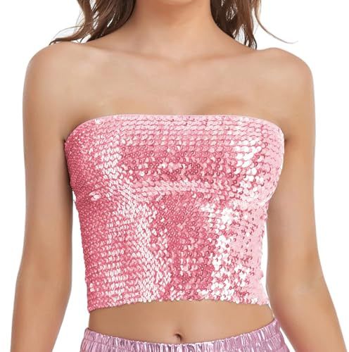 Generisch Pailletten Bandeau Top Damen Sexy Ärmellos Glitzer Pailletten Tube Top Kurz Festliche Glitzer Wrap Crop Tops Vintage Slim Fit Trägerlos Party Trägertop Party Club Outfits(C-Rosa)