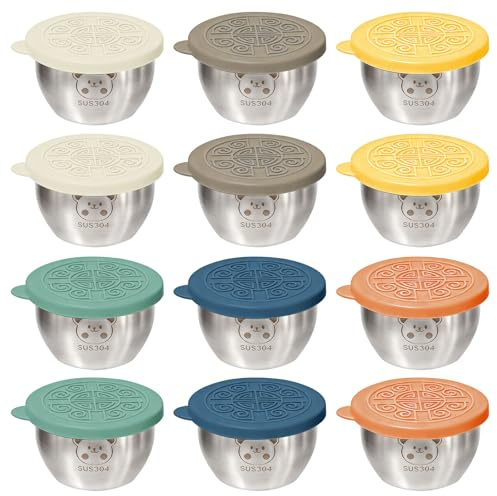 Keboyoe 12 Piezas Tarros de Ensalada de Acero Inoxidable Recipientes 70ml | Acero Inoxidable con Tapas de Silicona Herméticas Minitazas De Salsa Reutilizables A Prueba De Fugas