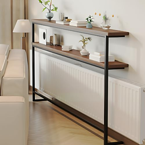 JSWHYBD Double-layer narrow-edge radiator shelf, solid wood tabletop and metal frame, combining concealment, decoration and storage, a must-have for small apartments. 150 * 15 * 120cm