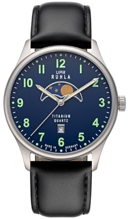 UMR RUHLA Titan-Mondphasenuhr - Flache Titanuhr mit Schweizer Quarzuhrwerk - dunkelblaues Zifferblatt - schwarzes Lederarmband - Ø 41,5 mm - Made in Germany