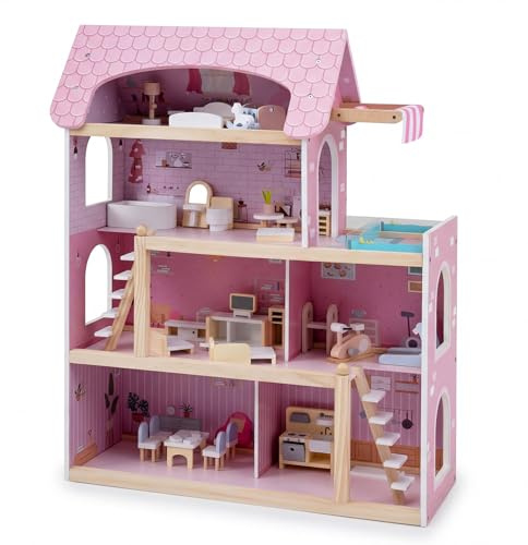 COSTWAY Wooden Dollhouse, Large 4-Storey Kids Playhouse with 33PCS Furniture Accessories, Pretend Dolls House Playset for 3+ Years Old (Pink)