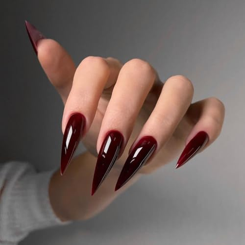 Ceboic 24Pcs Long Stiletto Press on Nails, Wine Red French Fake Nails, Solid Color Acrylic Glossy Full Cover False Nail, Handmade Glue on Nail, Ballerina Reusable Stick on Nails for Women Girls