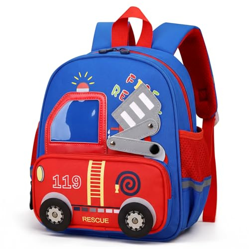 PROTAURI Kindergartenrucksack Jungen 2-6 Jahre 10.6L DLK, Himmelblau | mit Brustgurt reflektierend wasserabweisend leicht atmungsaktiv ergonomisch DIN A4 Feuerwehrauto
