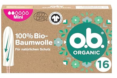 o.b. Organic Mini Bio Tampon, 1 x 16 Stk | Tampons für leichte/mittlere Tage aus 100% Bio-Baumwolle, geschwungene Rillen für zuverlässigen, natürlichen Schutz