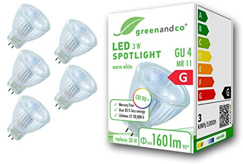 greenandco 5x CRI 90+ MR11 GU4 LED Spot | 3W 160 lm | 3000K warmweiß | 38° | 12V AC/DC | nicht dimmbar
