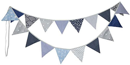 PREMYO Wimpelkette Kinderzimmer Jungen Stoff - 18 Wimpel Girlande Bunt Beidseitig - Babyzimmer Deko Blau Grau
