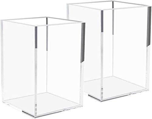 HIIMIEI Acrylic Pen Holder, 2 pcs Clear Pen Pot for Pen Marker Ruler Eraser, Makeup Brush Holder Cosmetic Organizer 3''x3''x4.4''
