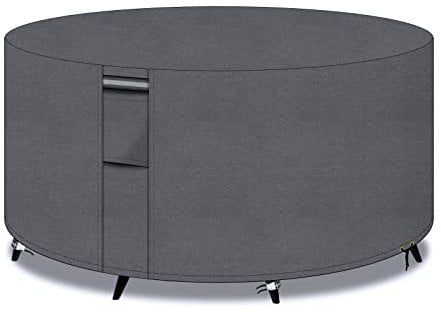 PATIO PLUS Gartentisch abdeckungen rund mit Belüftungsöffnungen, 600D Oxford-Gewebe runde Terrassentisch abdeckung, Gartenmöbel abdeckung wasserdicht, Winddicht, Anti-UV, 130x71cm, grau