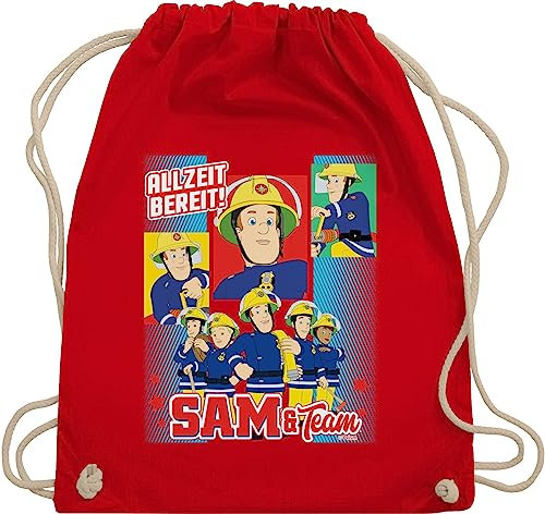 Turnbeutel Rucksack - Feuerwehrmann Tasche - Allzeit bereit! - Sam & Team - Unisize - Rot - turnsackerl sport beutel stoffbeutel aus baumwolle kordel kinder stoff baumwoll häng großer turnen mit