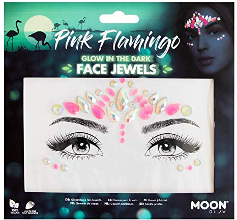 Moon Glow, im Dunkeln leuchtende Gesichtsjuwelen, Festival-Gesichts- und Körperedelsteine, Kristall-Make-up-Augen-Glitzeraufkleber, temporäre Tattoo-Juwelen (Rosa Flamingo) (1 Stück)