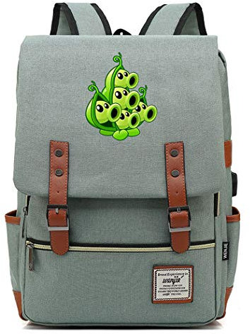 WANHONGYUE Plants vs. Zombies Game College Student Schoolbag Vintage Rucksack 15.6-inch Laptop Backpack with USB Charging Port Green / 4