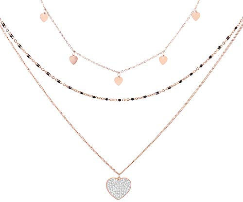 Ouran Halskette mit Herz-Anhänger für Damen, 3-lagig, versilbert und rotgoldfarben, Kette aus Edelstahl mit Kristall, Kristall, Kristall